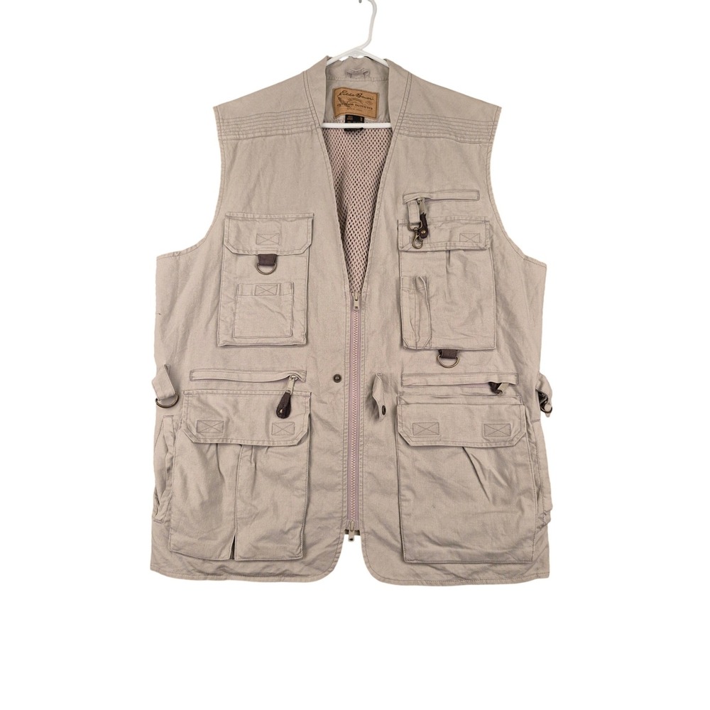 Eddie Bauer Outdoor Outfitters Mens Khaki Utility Fishing Safari Vest Large VTG
